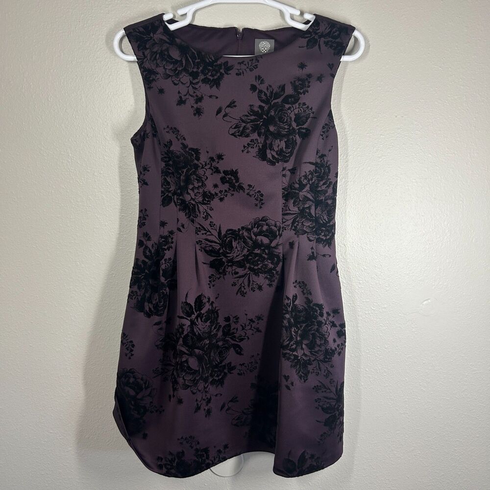 Vince Camuto Women's Eggplant Purple Black Floral Print Sleeveless Sheath Dress